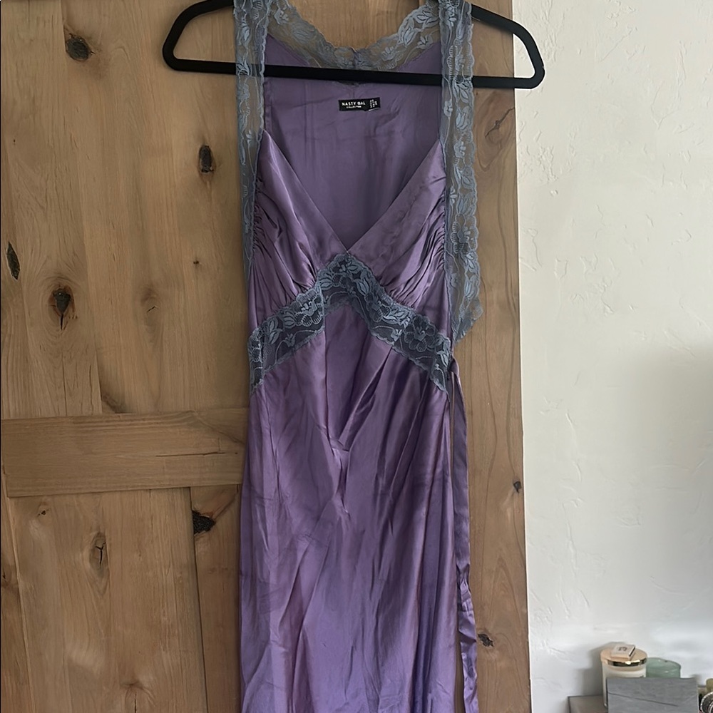 Nasty Gal Purple and Blue Satin Chemise with Lace Detail